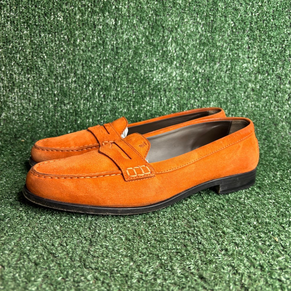 Tods Gommini Suede Penny Loafers Driver Moccasin Luxury Orange Womens Shoes 8.5 - Picture 3 of 12